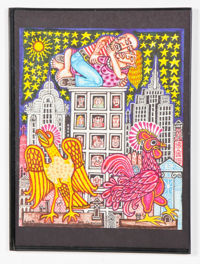 Rex Clawson (American, 1929-2007) Cityscape with: Rex Clawson (American, 1929-2007) Untitled (Cityscape with Roosters), 2002, ink drawing on paper. Size: 13.25" x 11", 34 x 28 cm (sheet); 16.25" x 12.25", 41 x 31 cm (frame). Provenance: Epstein-Powel