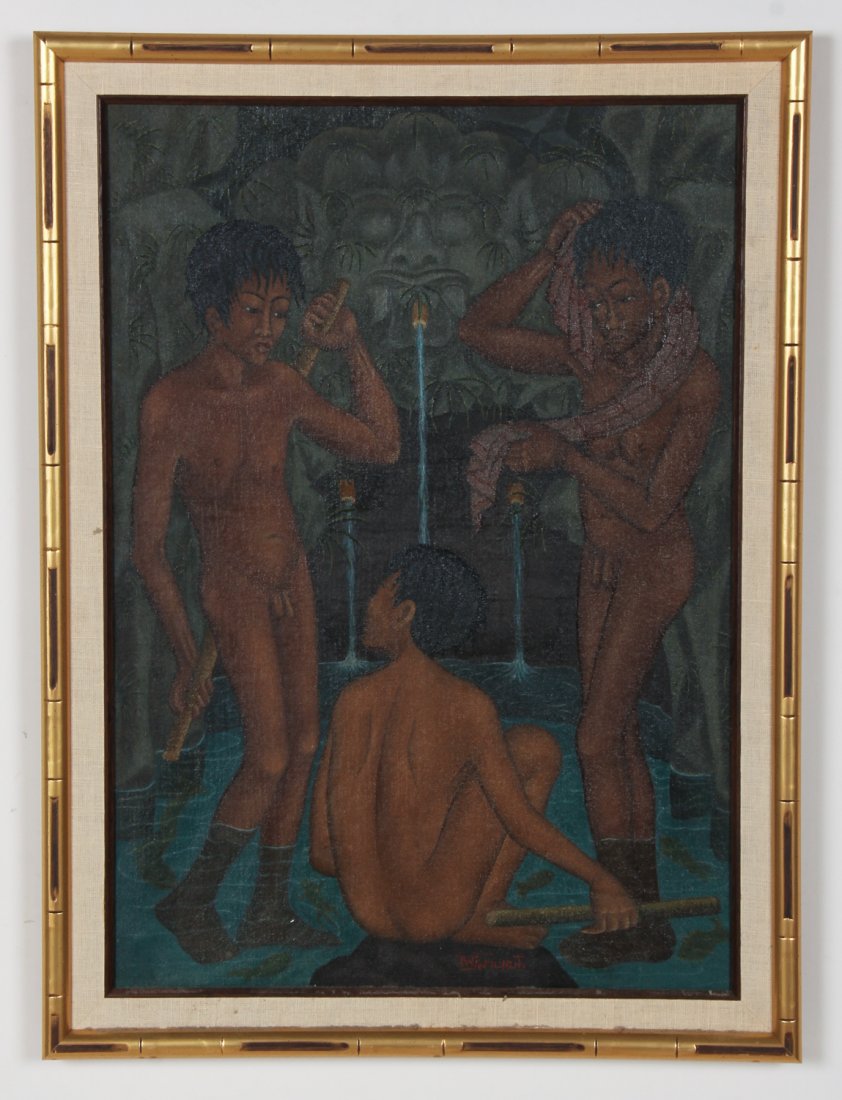 I. W. J. Munut (Indonesian, b. 1941): I.W.J Munut (Indonesian, b. 1941) Bathing Boys, oil on canvas. Size: 21.75" x 15.25", 55 x 39 cm (sight); 25.25" x 18.75", 64 x 48 cm (frame).