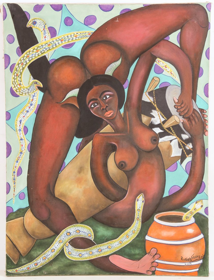 Roger Francois (Petite Riviere/Haiti, 1928 -2013) Nude: Roger Francois (Petite Riviere/Haiti, 1928 -2013) Nude Woman Drumming with Snakes, painting on canvas.Size: 40" x 30", 102 x 76 cm (stretcher). Provenance: New Jersey estate.