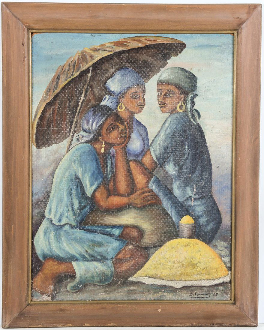 Dieudonne Rouanez (Cap Haitien/Haitian, b. 1920): Dieudonne Rouanez (Cap Haitien/Haitian, b. 1920) Ladies on the Beach, 1968, painting on masonite. Size: 23.5" x 17.5", 60 x 44 cm (sight); 28.5" x 22.5", 72 x 57 cm (frame).