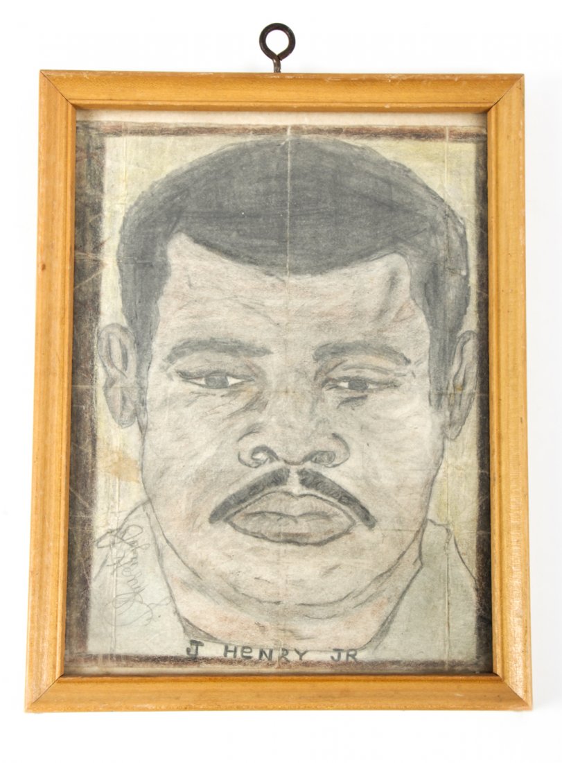 J. Henry Jr. (American, 20th c.) Self Portrait: J. Henry Jr. (American, 20th c.) Self Portrait, drawing on folded paper. Size: 8.75" x 6.5", 22 x 17 cm (frame). Provenance: The Kristina Barbara Johnson Estate, Princeton, New Jersey.