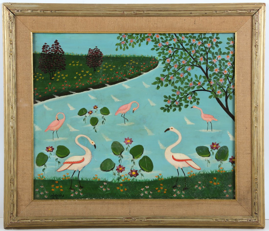Lawrence Lebduska (American, 1894-1966): Lawrence Lebduska (American, 1894-1966) Swans by the Lake, oil painting on canvas, craquelure. Size: 24" x 30", 61 x 76 (stretcher); 32" x 37", 81 x 94 cm (frame). New York estate.