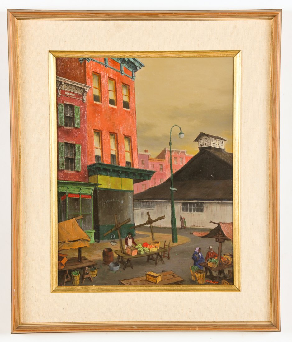 Jacob Glushakow (American, 1914-2000): Jacob Glushakow (Russian/American, 1914-2000) Hollins Market (Baltimore), oil on canvas. Size: 18" x 14", 46 x 36 cm (stretcher); 24.5" x 20.5", 62 x 52 cm (frame).