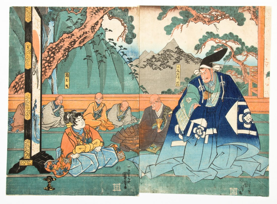 Utagawa Kuniyoshi (Japanese, 1797-1861): Utagawa Kuniyoshi (Japanese, 1797-1861) Diptych: Soga no Hako-o Maru, circa 1842-43. Color woodblock print on paper. Size: 14.25" x 9.75", 36 x 25 cm (each sheet). Provenance: Private Rhode Island Col
