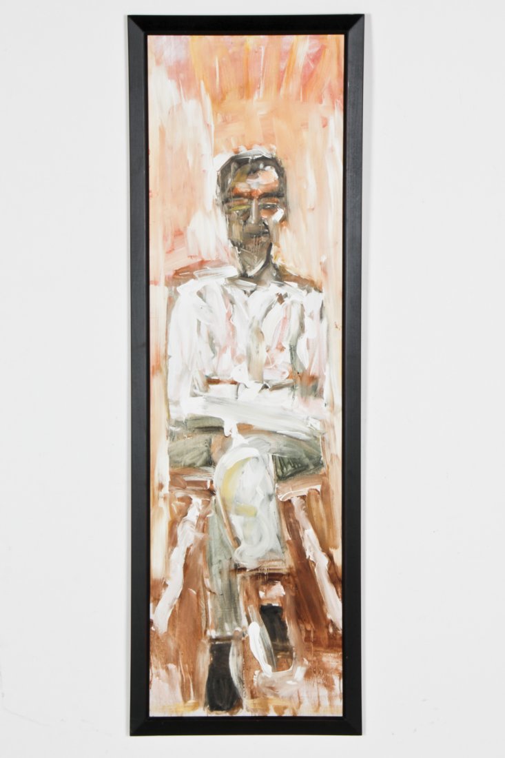Gregory Prestegord (American, 20th c.) Portrait: Gregory Prestegord (American, 20th c.) Portrait of a Man (Mr. Andy's Services), 2004 oil painting on panel. Size: 47.5" x 13.5", 121 x 34 cm (board); 50.5" x 16.5", 128 x 42 cm (frame).