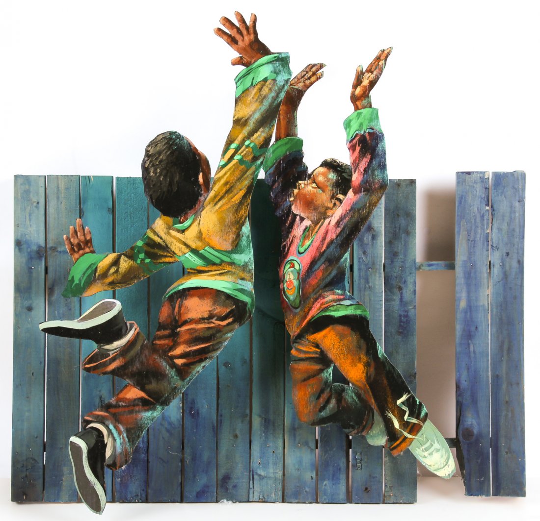 Robert Carter (American) Mixed Media Assemblage: Robert Carter (American) Mixed Media Assemblage. Boys at Play. Size: 39" x 39.5" x 8" (99 x 100 x 20 cm).