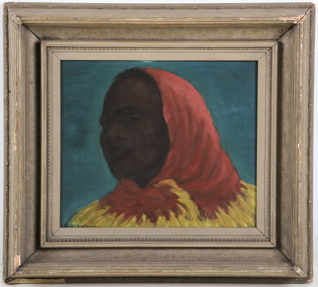 Ellis Wilson (American, 1899-1977): Ellis Wilson (American, 1899-1977) Chloe (Portrait of an African woman), oil on wood panel. Size: 12" x 14", 30 x 36 cm (board); 19" x 21", 48 x 53 cm (frame). New York estate.