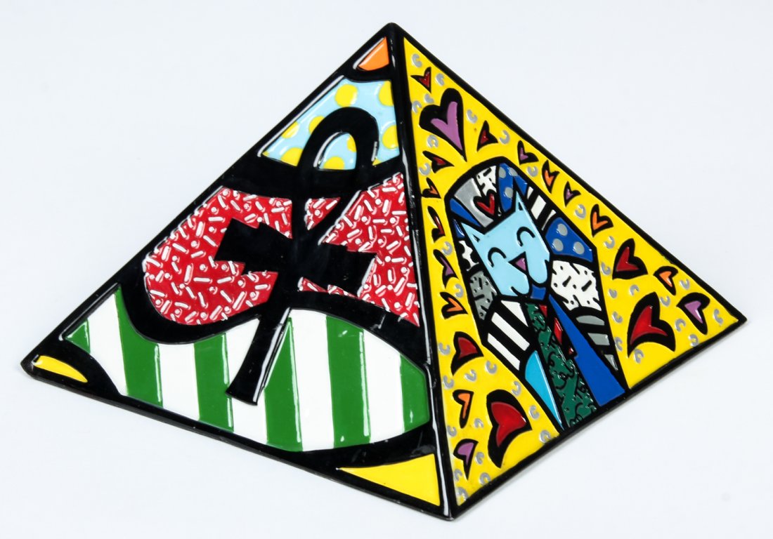 Romero Britto (Brazilian, b. 1963) Pyramid in Hyde Park: Romero Britto (Brazilian, b. 1963) Pyramid in Hyde Park. Miniature replica. Signed in gold leaf. Resin composition. Size: 4.5" x 6.25" x 6.25" (11 x 16 x 16 cm).