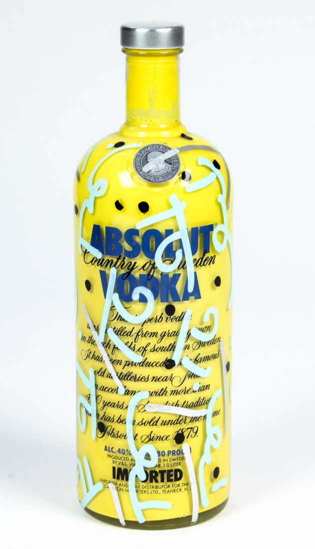 Romero Britto (Brazilian, b. 1963) First Love Absolut: Romero Britto (Brazilian, b. 1963) First Love Absolut Bottle. Pre published artist proof. Provenance: Britto Central with receipt. Size: 11" x 3.5" x 3.5" (28 x 9 x 9 cm).