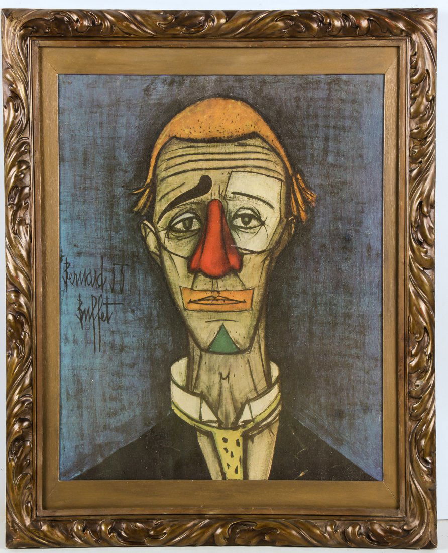 Vintage Bernard Buffet Canvas Print: Vintage Bernard Buffet Canvas Print, Portrait of a Clown. Size: 28" x 22", 71 x 56 cm (stretcher); 34.75" x 28", 88 x 71 cm (frame).