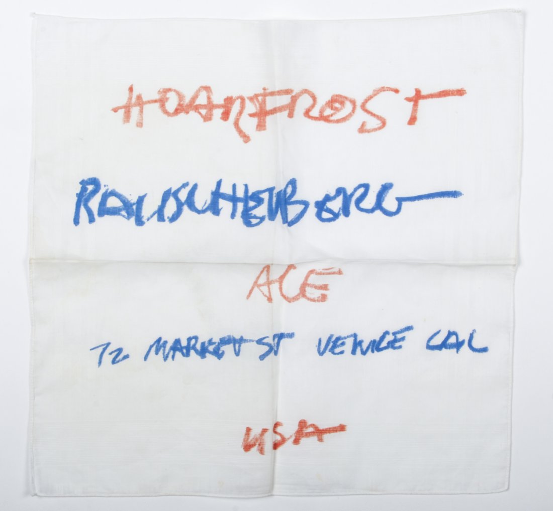 Robert Rauschenberg, Hoarfrost 1974 Ace Gallery: Robert Rauschenberg, Hoarfrost 1974 Ace Gallery Kerchief. Size: 16" x 16" (40 x 40 cm). Provenance: Kristina Barbara Johnson Estate, Princeton, New Jersey.
