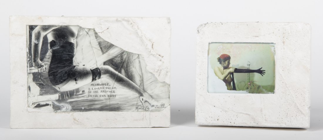 Late 1980's Mixed Media Photographic Works: Late 1980's Mixed Media Photographic Works, signed illegibly. Photographs set under glass in plaster over steel mesh frames. Sizes: smallest to largest, 8" x 9" x 1" (20 x 23 x 3 cm), and 9" x 12" x 1