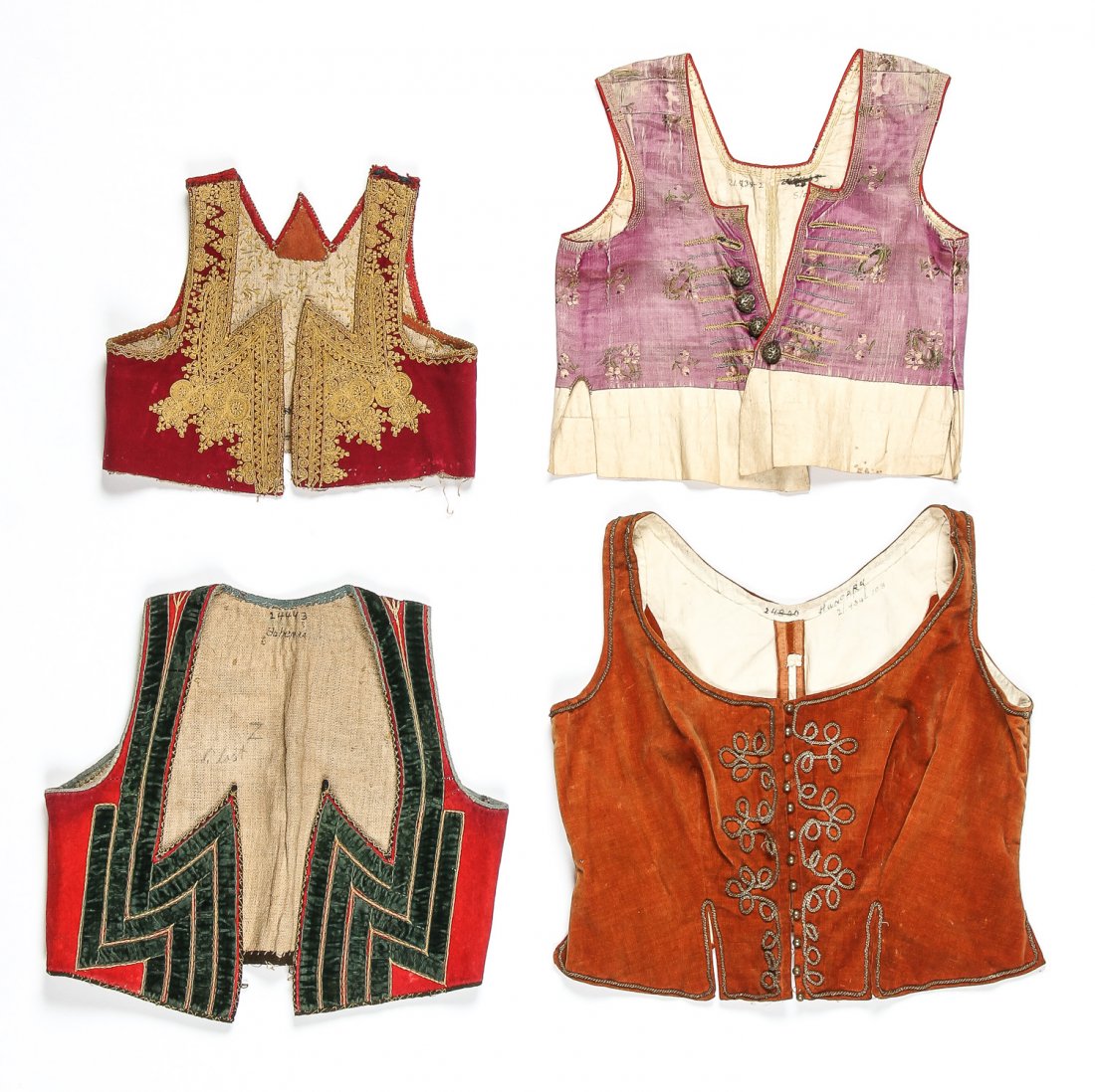 Four 19th C. East European Embroidered Vests: Four 19th C East European Embroidered Vests, including 2 Slovakian, 1 Hungarian, 1 Bohemian. Ranging in size from 12" x 15" (30 38 cm) x to 18" x 18" (46 x 46 cm).