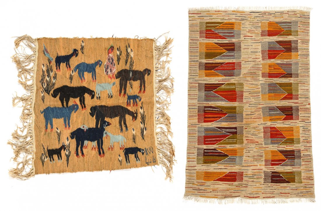 2 North African Folk Tapestry Rugs: 2 North African Folk Tapestry Rugs, including an Egyptian pictorial rug; Size: 21" x 21" (53 x 53 cm). And a geometric Moroccan flatweave, Size: 38" x 25" (97 x 64 cm).