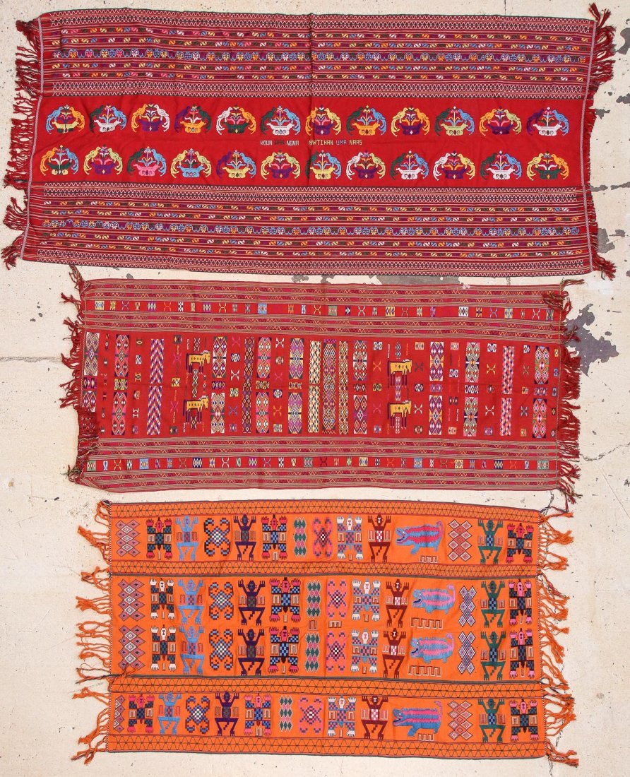 3 Vintage Besikama Belu Indonesian Textiles: 3 Vintage Besikama Belu Indonesian Textiles. Ranging in size from 38" x 66" (97 x 168 cm) to 41" x 86" (104 x 218 cm).