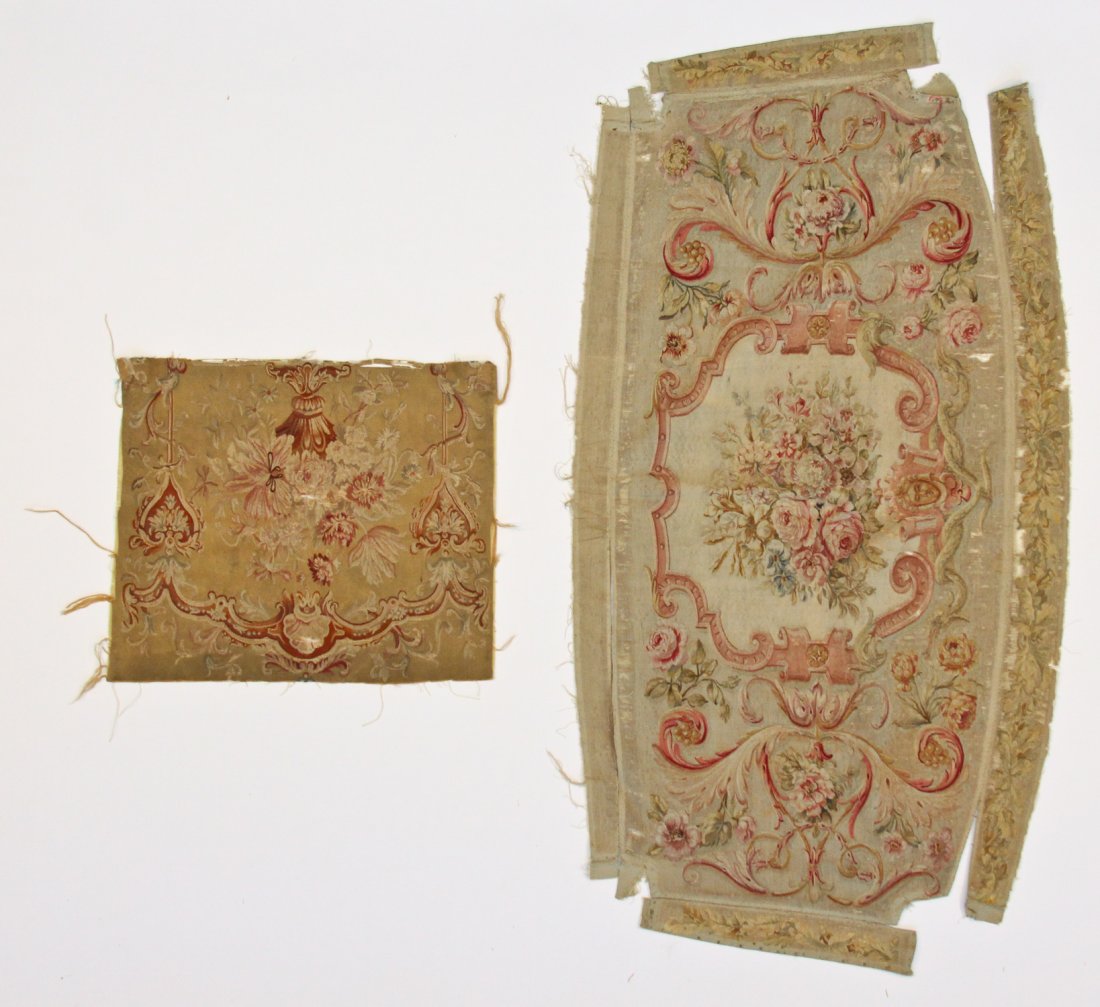 2 Antique French Aubusson Panels: 2 Antique French Aubusson Panels. Size: 20" x 23" (51 x 58 cm) and 32" x 60" (81 x 152 cm).