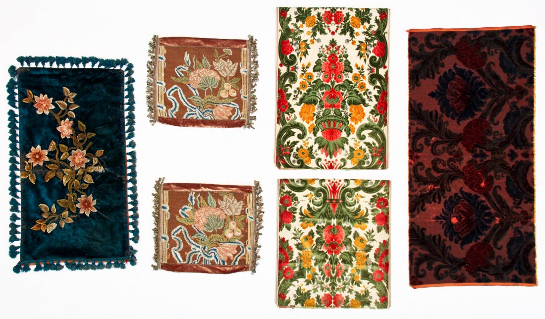 6 Antique Continental Textiles: 6 Antique Continental Textiles, ranging in size from 18" x 20" (46 x 51 cm) to 23" x 66" (58 x 168 cm).