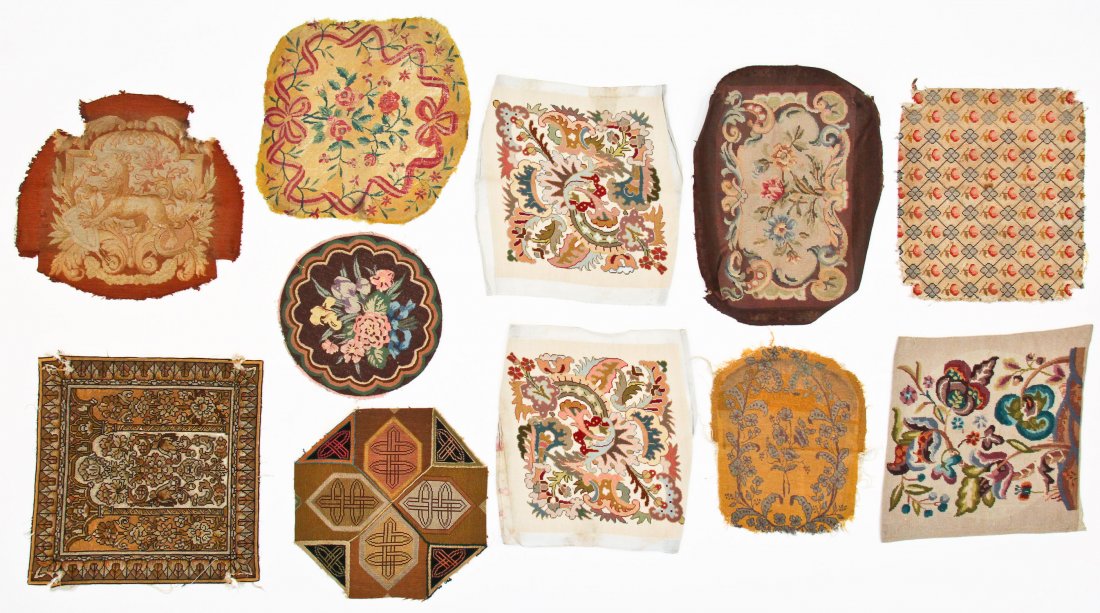 11 Antique Continental Needlepoint Textiles: 11 Antique Continental Needlepoint Textiles, ranging in size from 17" x 17" (43 x 43 cm) to 22" x 22.5" (56 x 57 cm).