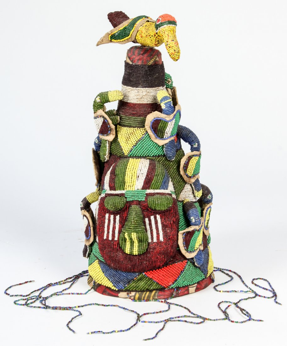 Yoruba King's Ceremonial Multi-Colored Beaded Adenia: Yoruba King's Ceremonial Multi-Colored Beaded Adenia Crown, Nigeria, 20th c. Size: 17" x 8" x 8" (43 x 20 x 20 cm). Provenance: Private Savannah, Georgia collection.