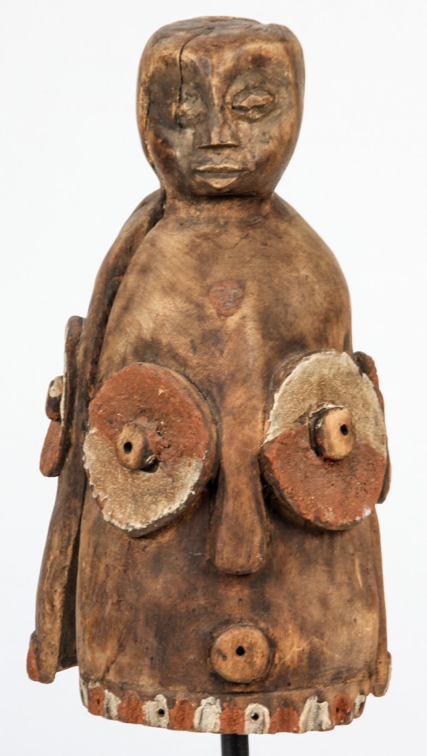Old Biombo Mask: Old Biombo Mask on stand, carved wood, pigment. Size: 15" x 6" x 8" (38 x 15 x 20 cm). Provenance: Private Savannah, Georgia collection.