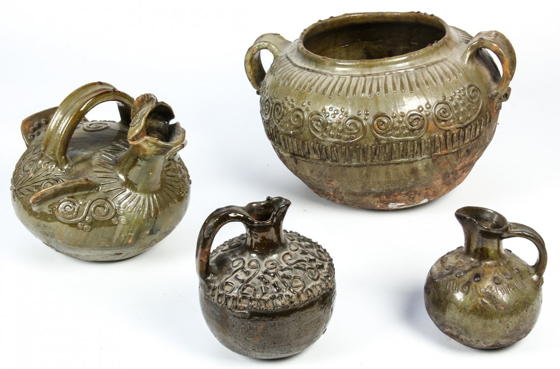 4 Antique Mexican Glazed Pottery Items: 4 Antique Mexican Glazed Pottery Items. Ranging in size from 6.5" x 5.5" x 5.5" (17 x 14 x 14 cm) to 8.5" x 16" x 14" (22 x 41 x 36 cm).