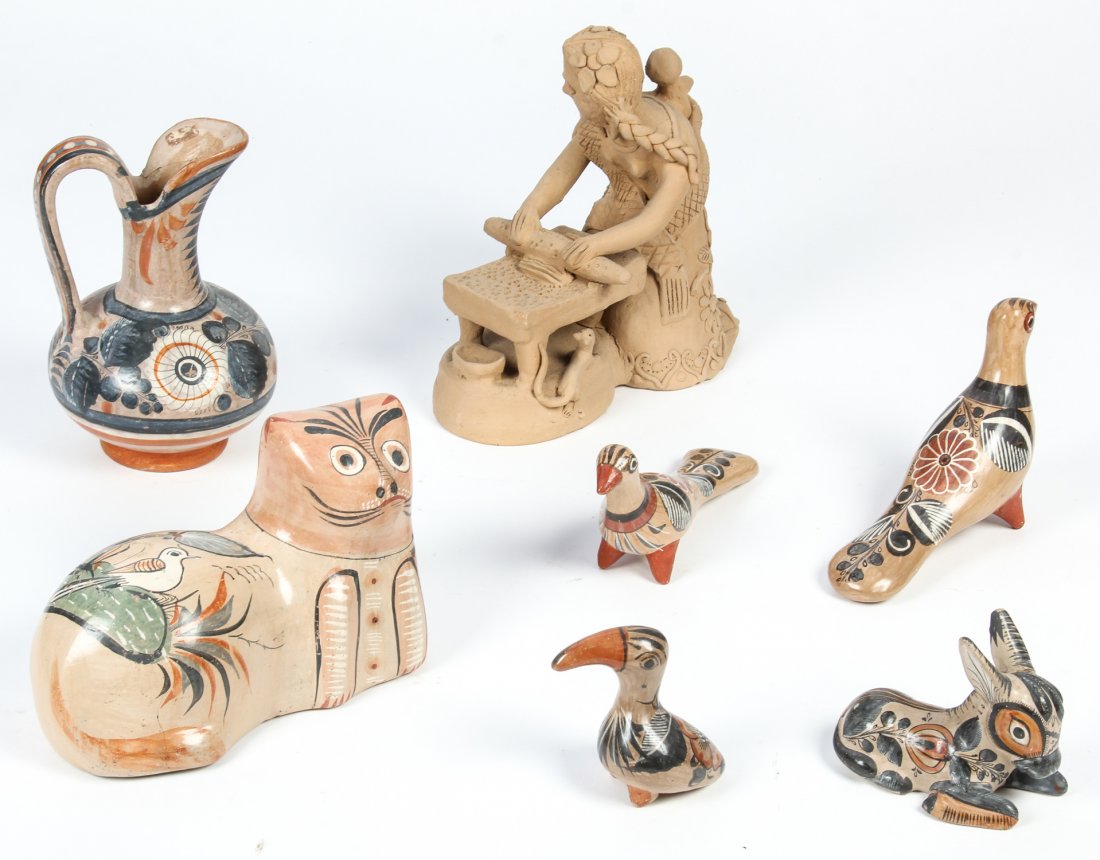 6 Piece Suite Tonala Earthenware Figures: 6 Piece Suite Tonala Earthenware figures. A cat and two pigeons. Ranging in size from 4.5" x 8" x 2" (11 x 20 x 5 cm) to 6" x 9" x 5" (15 x 23 x 13 cm).