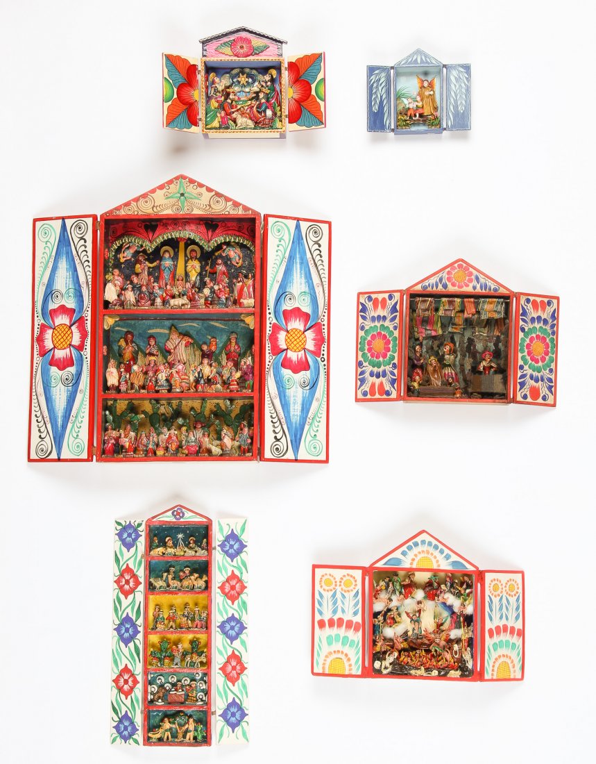 6 Modern Peruvian Retablos: 6 Modern Peruvian Retablos. 3 signed with examples from Samuel Palamino, Claudio Jimenez Q, and Vicario Jimenes. Ranging in size from 6" x 4" x 1.5" (15 x 10 x 4 cm) to 20.5" x 11.5" x 3.5" (52 x 29 x