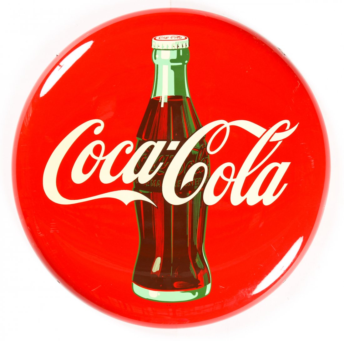 1952 Coca Cola Button Sign: 1952 Coca Cola Button Sign. New old stock. Size: 24" x 24" x 3" (61 x 61 x 8 cm).