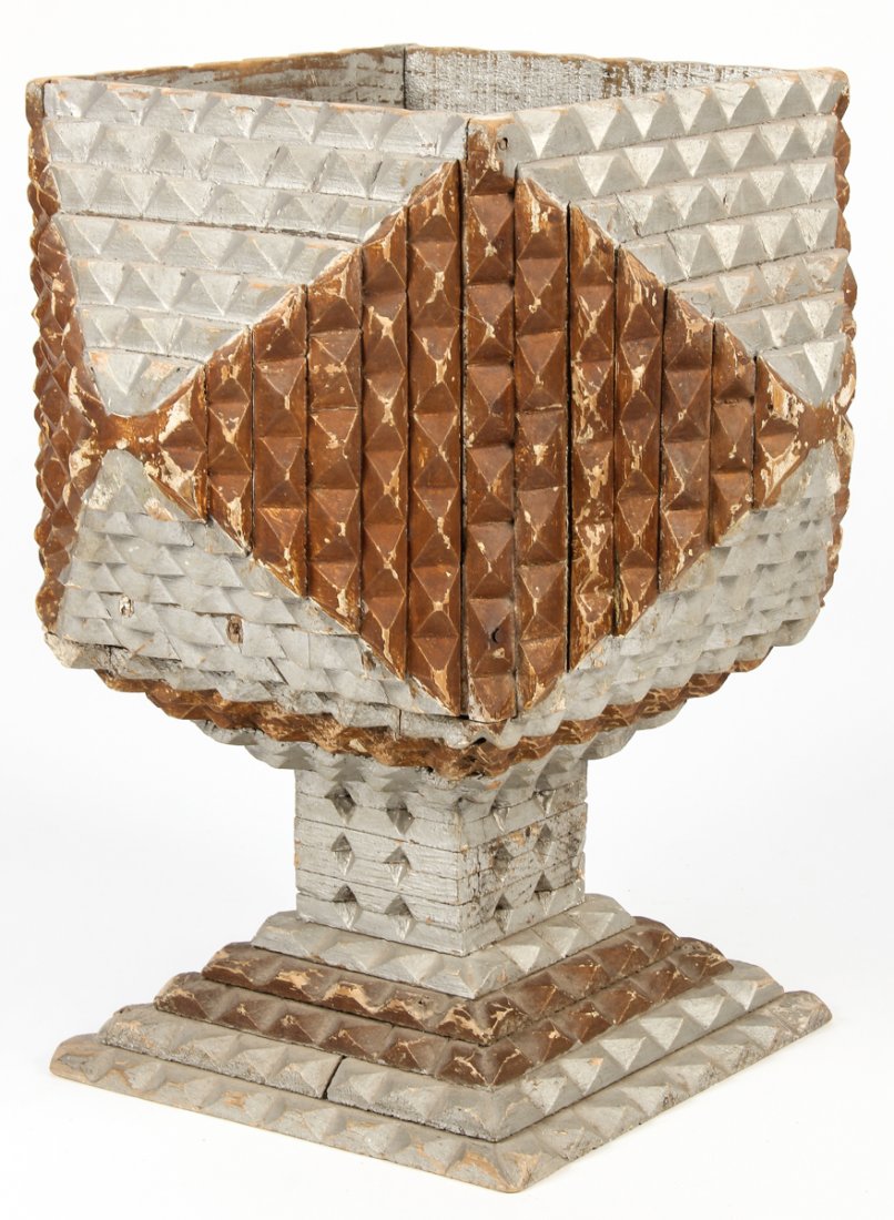 Tramp Art Urn or Planter: Tramp Art Urn or Planter, carved wood, painted. Size: 14" x 13" x 13" (36 x 33 x 33 cm).