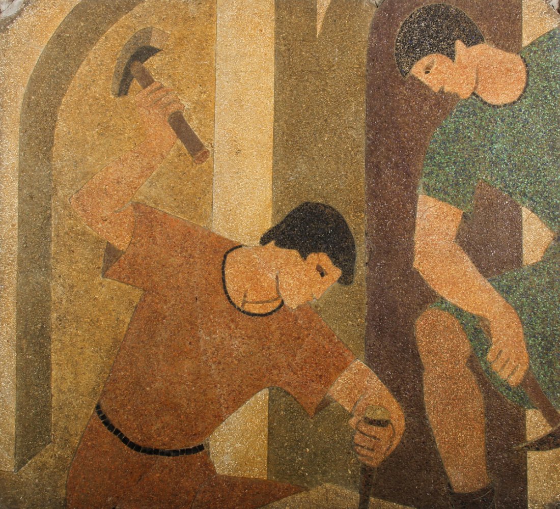Art Deco Terrazzo Mosaic Frieze: Art Deco Terrazzo Mosaic Frieze. WPA style architectural panel. Size: 36" x 40", 91 x 102 cm (panel).