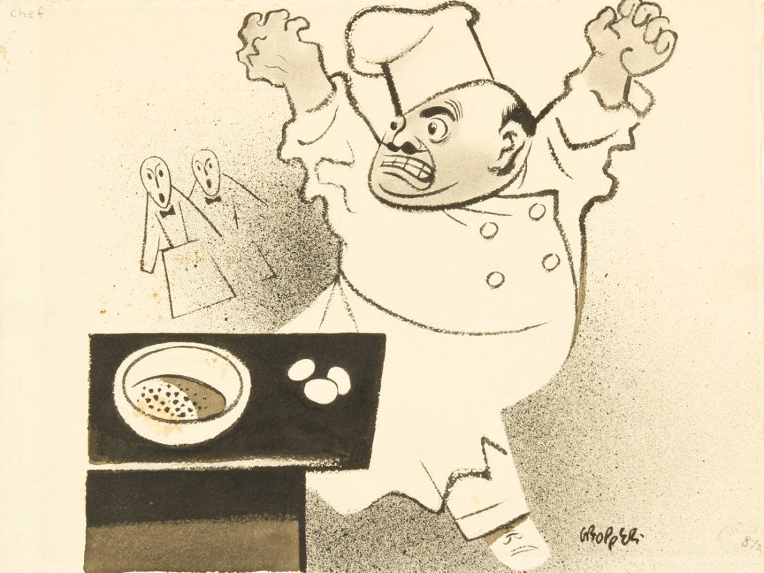 William Gropper (American, 1897-1977) Illustration: William Gropper (American, 1897-1977) Chef, mixed media, ink and watercolor illustration. Provenance: Ex Vanity Fair Collection (noted on mat). Size: 9.75" x 12.75", 25 x 32 cm (sheet).