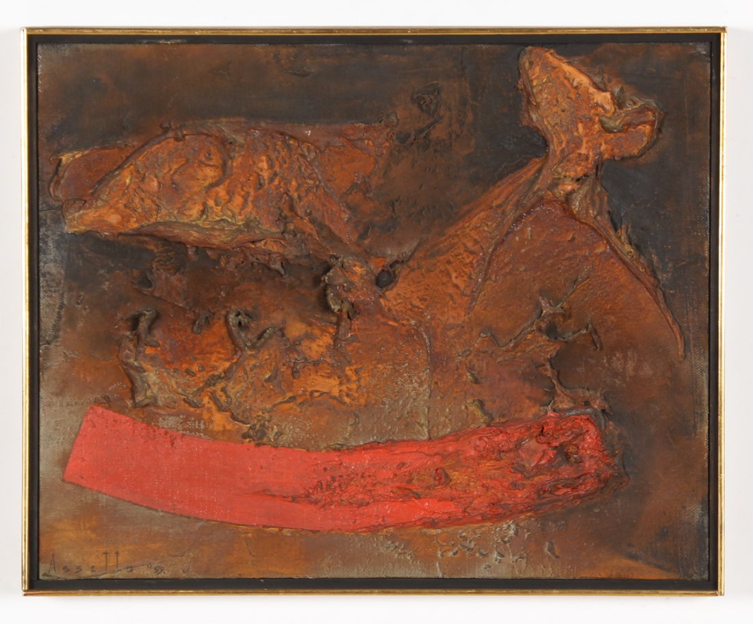Franco Assetto (Italian, 1911-1991) Painting: Franco Assetto (Italian, 1911-1991) "Ossidiana XVI" (Abstract Composition), 1959, heavy impasto paint and mixed-media on canvas. Size: 15.75" x 19.5", 40 x 50 cm (stretcher); 16.75" x 20.75", 43 x 53