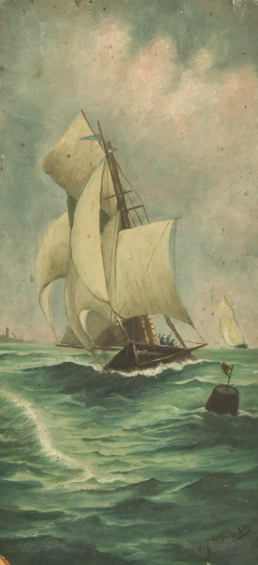 American School (19th c.) The Yacht America: American School (19th c.) The Yacht America - Winner of the Queens Cup, Cowes Isle, 1854, oil on board, damages. Size: 12.5" x 6, 32 x 15 cm (board).