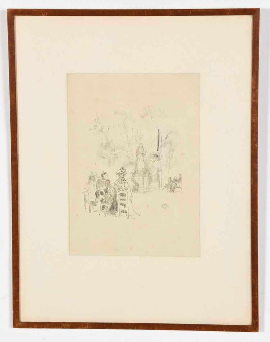 Whistler, Conversation under the Statue, 1893: James Abbott McNeill Whistler (American, 1834-1903) Conversation under the Statue, Luxembourg Gardens, 1893, lithograph. Size: 10.75" x 7.75", 27 x 20 cm (sight); 18.75" x 14.5", 48 x 37 cm (frame).