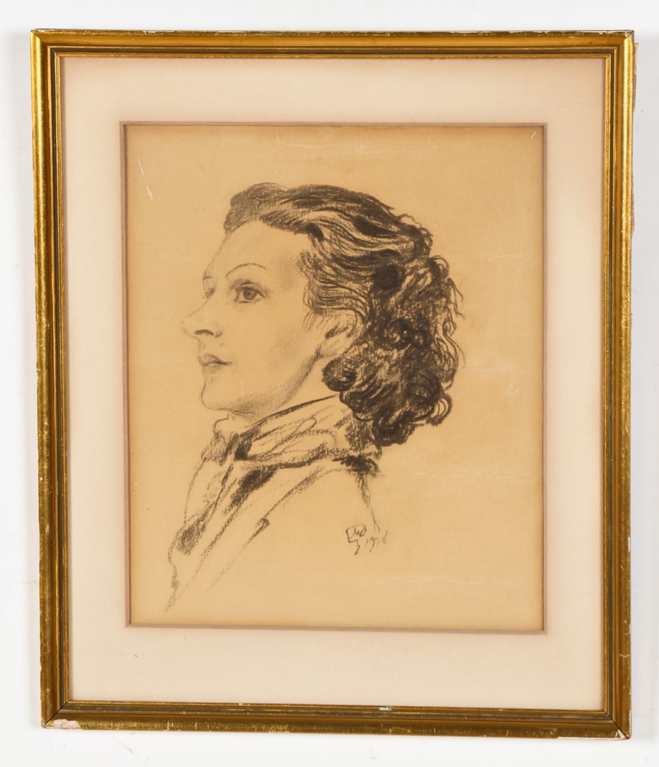 Mstislav Dobuzhinsky (Russian, 1875-1957) Portrait of: Mstislav Dobuzhinsky (Russian, 1875-1957) Portrait of Vera Nemtchinova (Ballet Russes), 1938, charcoal drawing on paper. Size: 11.75" x 9.75", 30 x 25 cm (sight); 16.5" x 14", 42 x 36 cm (frame).