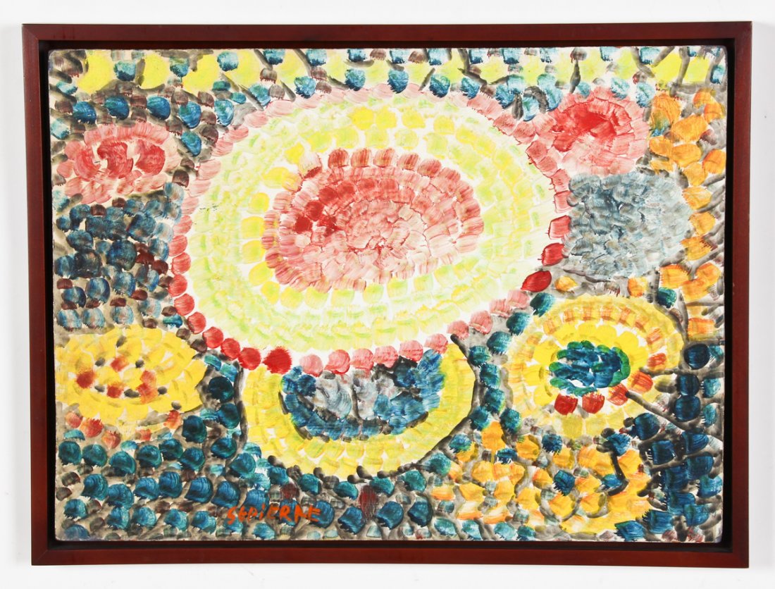 Toussaint St. Pierre (Haitian, 1923-1985) Sunflowers: Toussaint St. Pierre (Haitian, 1923-1985) Sunflowers, c. 1968-75, oil on masonite. Provenance: ex Jonathan Demme Collection. Size: 17" x 23", 43 x 58 cm (board); 18.75" x 24.75", 48 x 63 cm (frame).