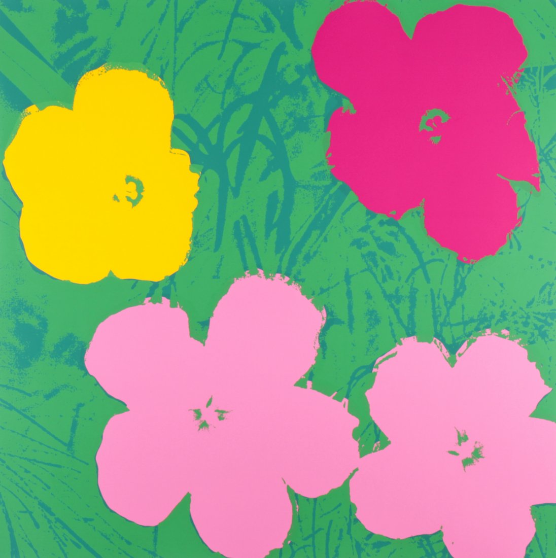 After Warhol Flowers, by Sunday B. Morning: After Andy Warhol's Flowers, by Sunday B. Morning, silkscreen on museum board, stamped verso. Size: 35.5" x 35" (90 x 90 cm).