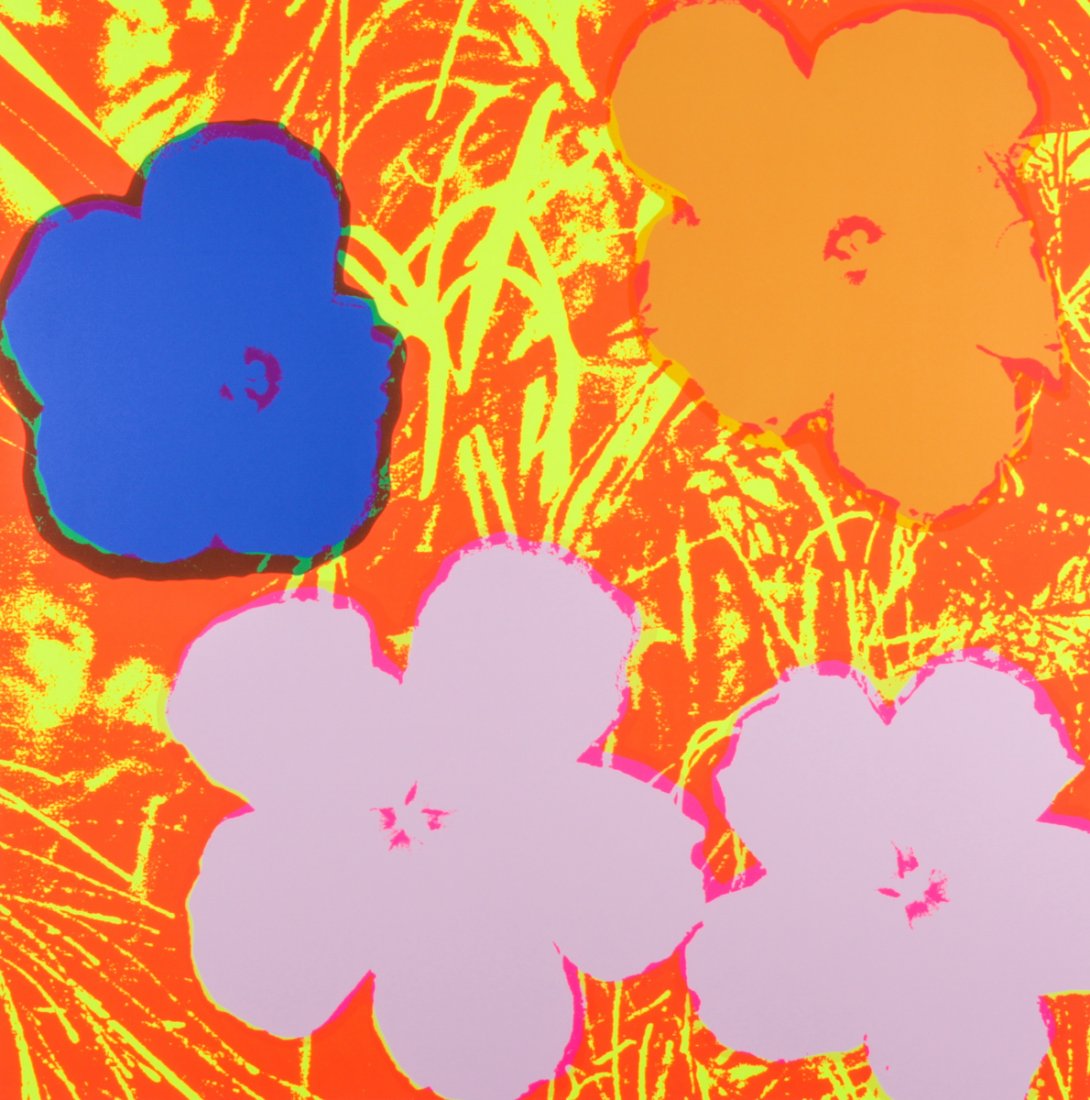 After Warhol Flowers, by Sunday B. Morning: After Andy Warhol's Flowers, by Sunday B. Morning, silkscreen on museum board, stamped verso. Size: 35.5" x 35" (90 x 90 cm).