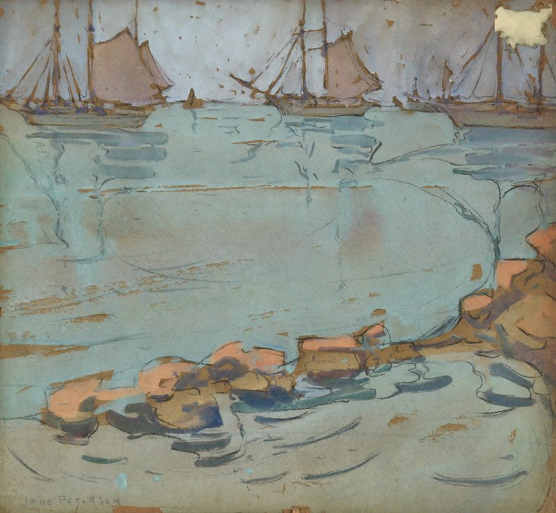 Jane Peterson (American, 1876-1965): Jane Peterson (American, 1876-1965) Ships Along the Coast, watercolor and charcoal on paper, signed, damages. Size: 14" x 15.25", 36 x 39 cm (sheet).