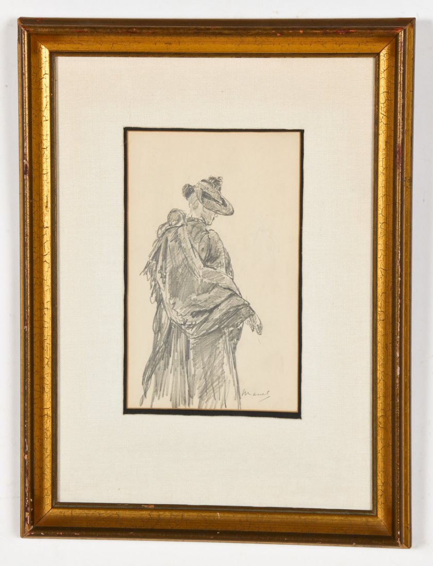 Manner of Edouard Manet (French, 1832-1883): Manner of Edouard Manet (French, 1832-1883), Sketch of a woman with a hat, pencil drawing on wove paper, signed. Framed. Size: 8.5" x 5.25", 22 x 13 cm (sight); 16" x 12", 41 x 30 cm (frame).
