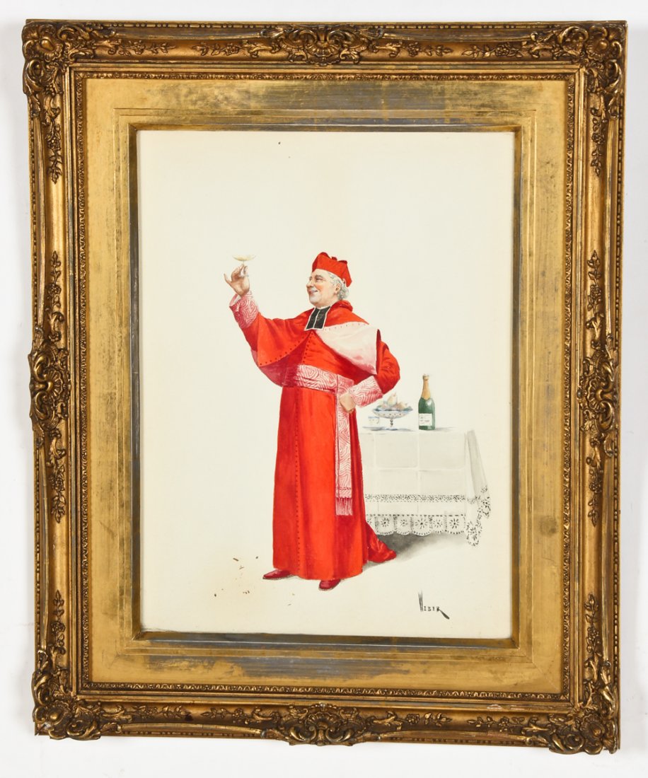 Alfred Charles Weber (French, 1862-1922): Alfred Charles Weber (French, 1862-1922) Portrait of a Cardinal, watercolor on paper, toning to the sheet. Size: 12.25" x 9.25", 31 x 23 cm (sight); 17.75 x 14.5, 45 x 37 cm (frame).