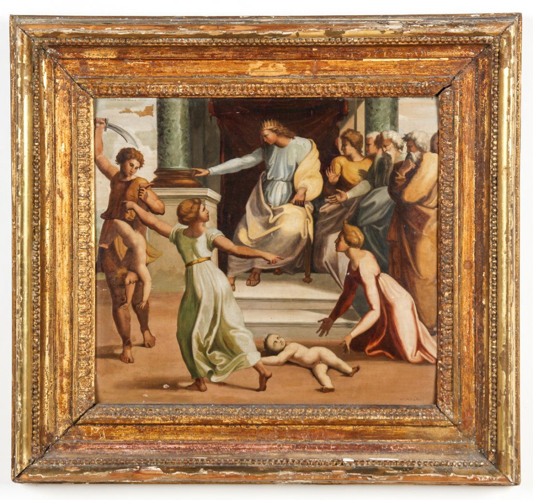 After William Blake The Judgment of Solomon: After William Blake (England, 1757-1827) The Judgment of Solomon, 19th c., oil on canvas, signed. Size: 15.25" x 17", 39 x 43 cm (stretcher); 21.75" x 23.75", 55 x 60 cm (frame). Provenance: Princeton