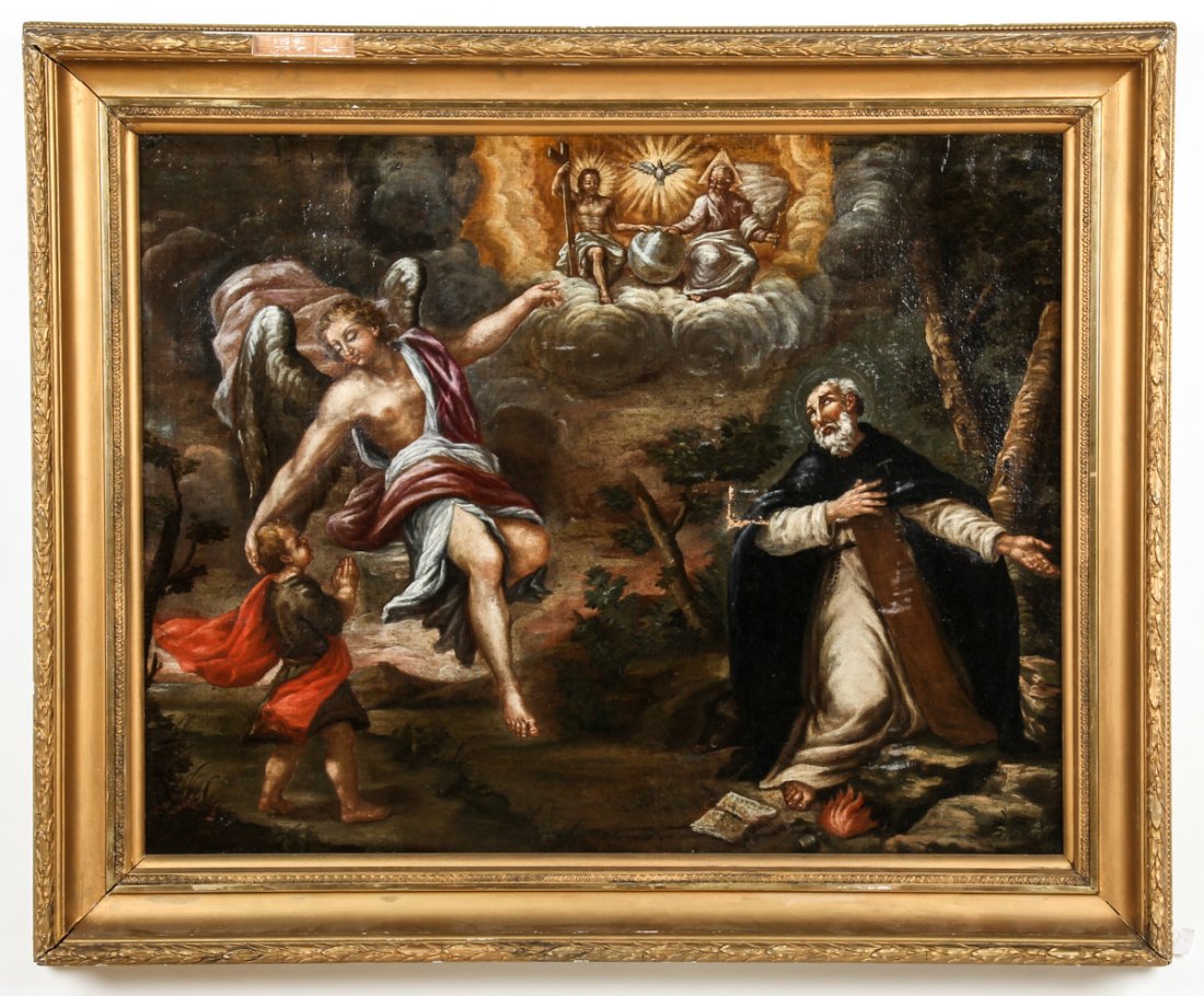 European School, Renaissance Style Religious Theme: European School (20th c.) Renaissance Style Religious Theme Painting, oil on canvas, damages. Size: 30" x 40", 76 x 102 cm (stretcher); 38" x 46", 97 x 117 cm (frame).