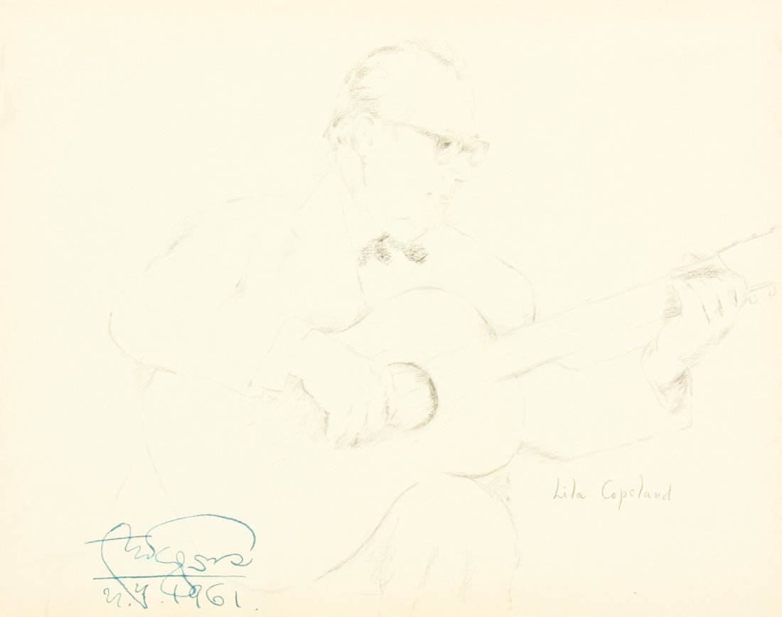 Lila Copeland (American, b. 1912): Lila Copeland (American, b. 1912) Portrait of a Man playing guitar, charcoal on paper, signed. Size: 10.75" x 13.75", 27 x 35 cm (sheet).