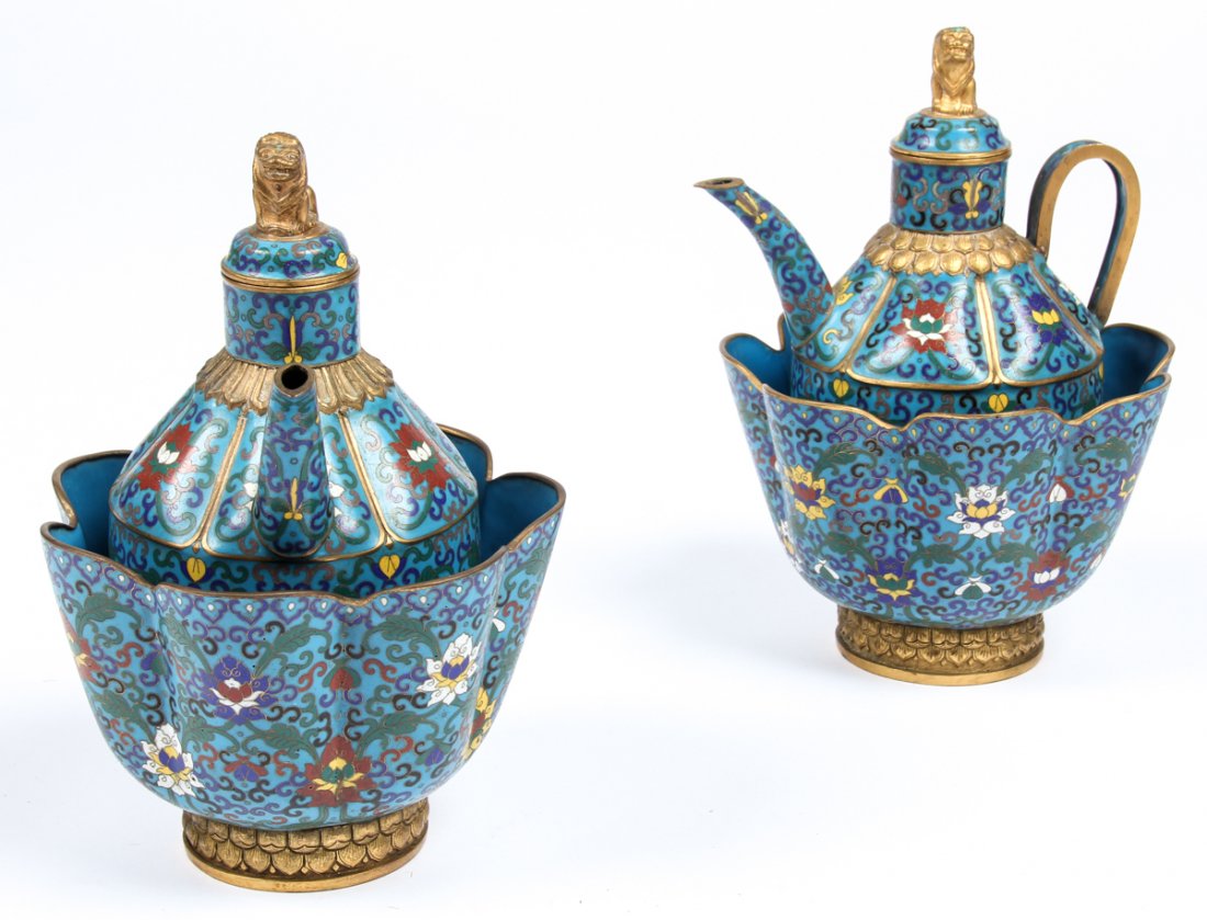 Pair of Antique Chinese Cloisonne Wine Coolers: Pair of Antique Chinese Cloisonne Wine Coolers. Prov: purchased in 1990, Ton Ying Rare Art, Manhattan Art and Antiques Center. Sizes each: 11" x 8" x 7.5", 28 x 20 x 19 cm (total).