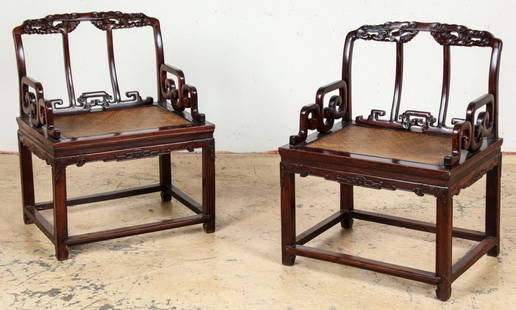 Pair of Antique Chinese Hung-Mu Summer Palace Chairs: Pair of Antique Chinese Hung-Mu Summer Palace Chairs. Ex collection Anunt Hengtrakul. Vorhees, New Jersey estate. Size: 36.5" x 27.75" x 22.25", 93 x 70 x 57 cm (each).