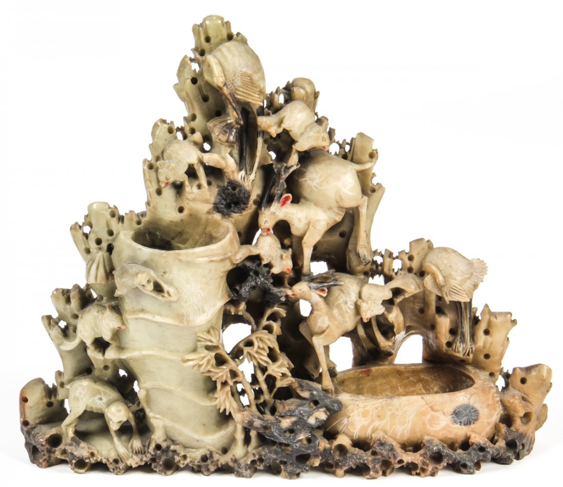 Large Antique Chinese Soapstone Figural Landscape: Large Antique Chinese Soapstone Figural Landscape. Size: 11" x 12" x 2.5" (28 x 30 x 6 cm).