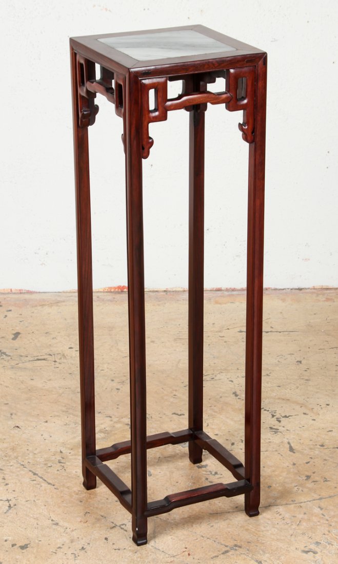 Old Chinese Wood and Marble Plant Stand: Old Chinese Wood and Marble Plant Stand. Size: 38.25" x 11" x 11" (97 x 28 x 28 cm).