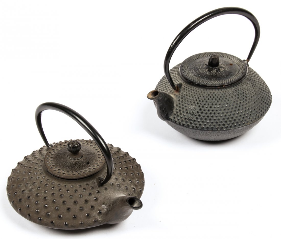 Group of 2 Japanese Metal Teapots: Size: 3" x 7.75" x 6.5", 8 x 20 x 11 cm, and 4.25" x 7" x 6", 11 x 18 x 15 cm (without handles).
