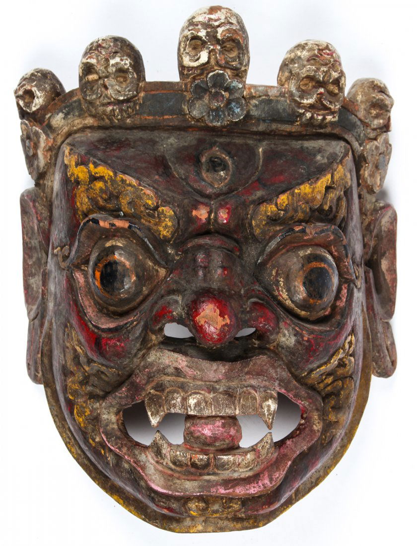 Antique Tibetan Shaman's Mask: Antique Tibetan Shaman's Mask, Tibet, 19th C. Carved wood, polychrome. Size: 12.5" x 9.75" x 6.5" (32 x 25 x 17 cm). Prov: Himalayan Antiques, Ipswich, Mass.